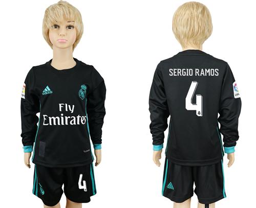 Real Madrid #4 Sergio Ramos Away Long Sleeves Kid Soccer Club Jersey - Click Image to Close